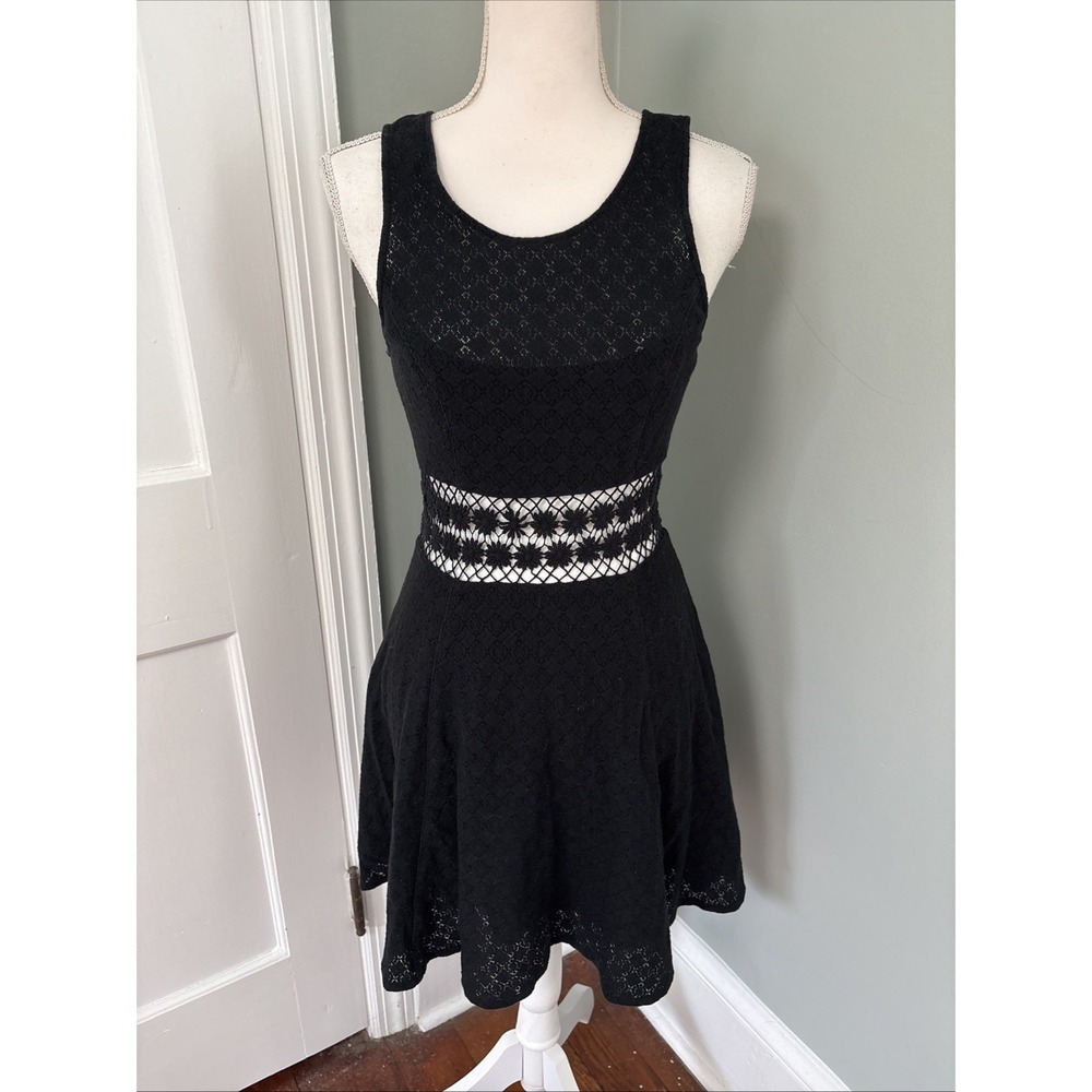 Free People "Fitted with Daisies" Crochet & Lace Skater Dress in Black - Size 4